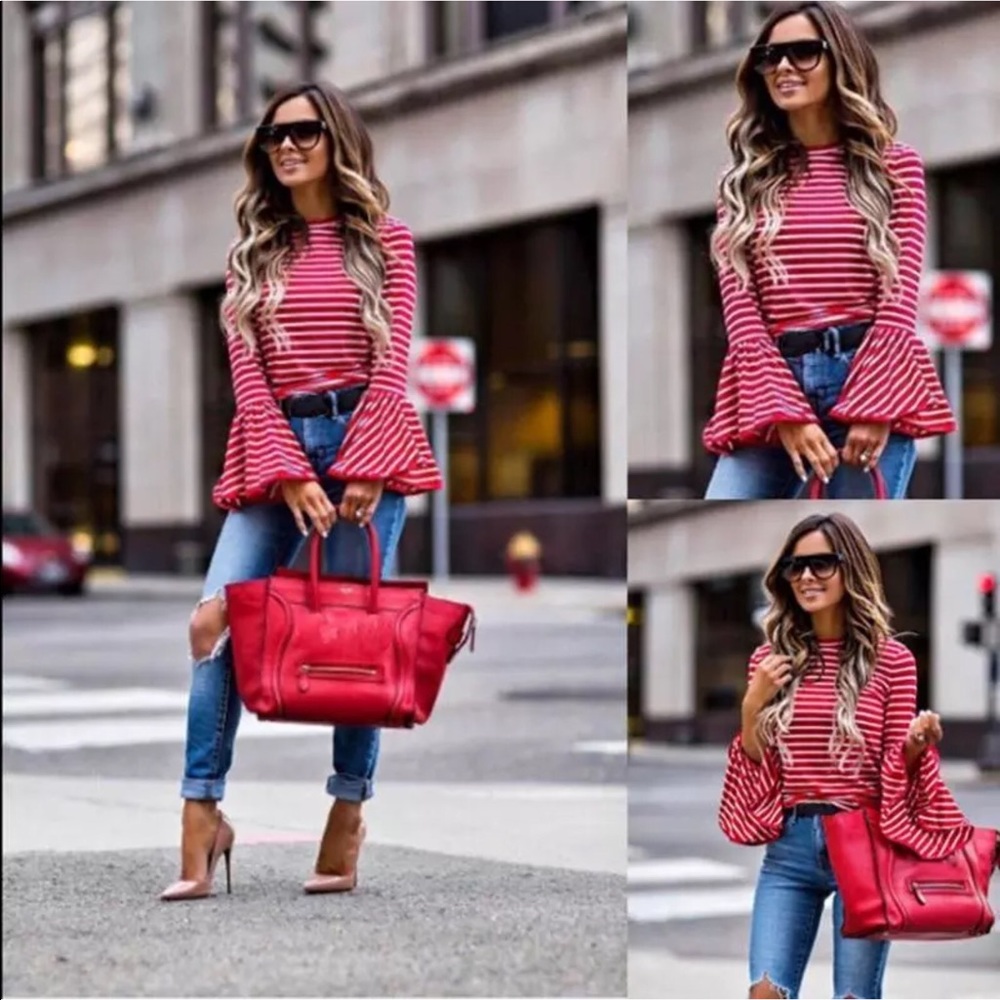 ❤️5 Star 🌟 Red striped bell sleeve top❤️ - Picture 3 of 8